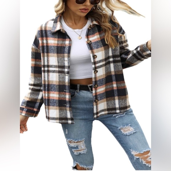 Jackets & Blazers - Women's Oversized Plaid Jacket Button Down Casual Flannel Wool Shacket S